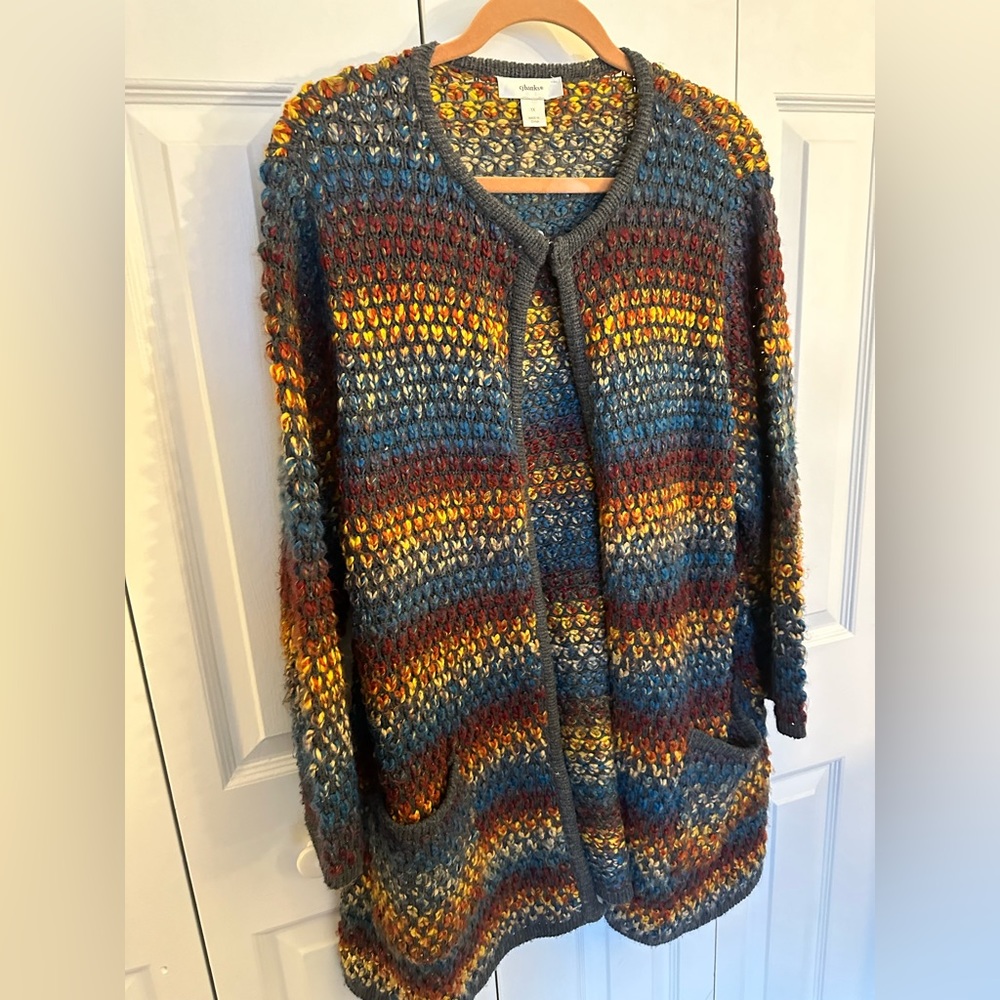 CJ Banks multi-colored cardigan duster with pockets. 1x